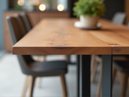 A custom metal and wood dining table.